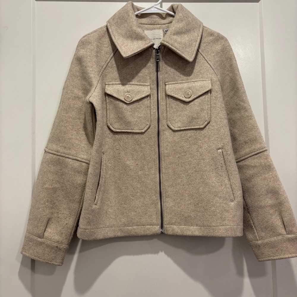 Avec Les Filles Tan Wool Blend Full Zip Utility Jacket XS Oatmeal Beige Cropped